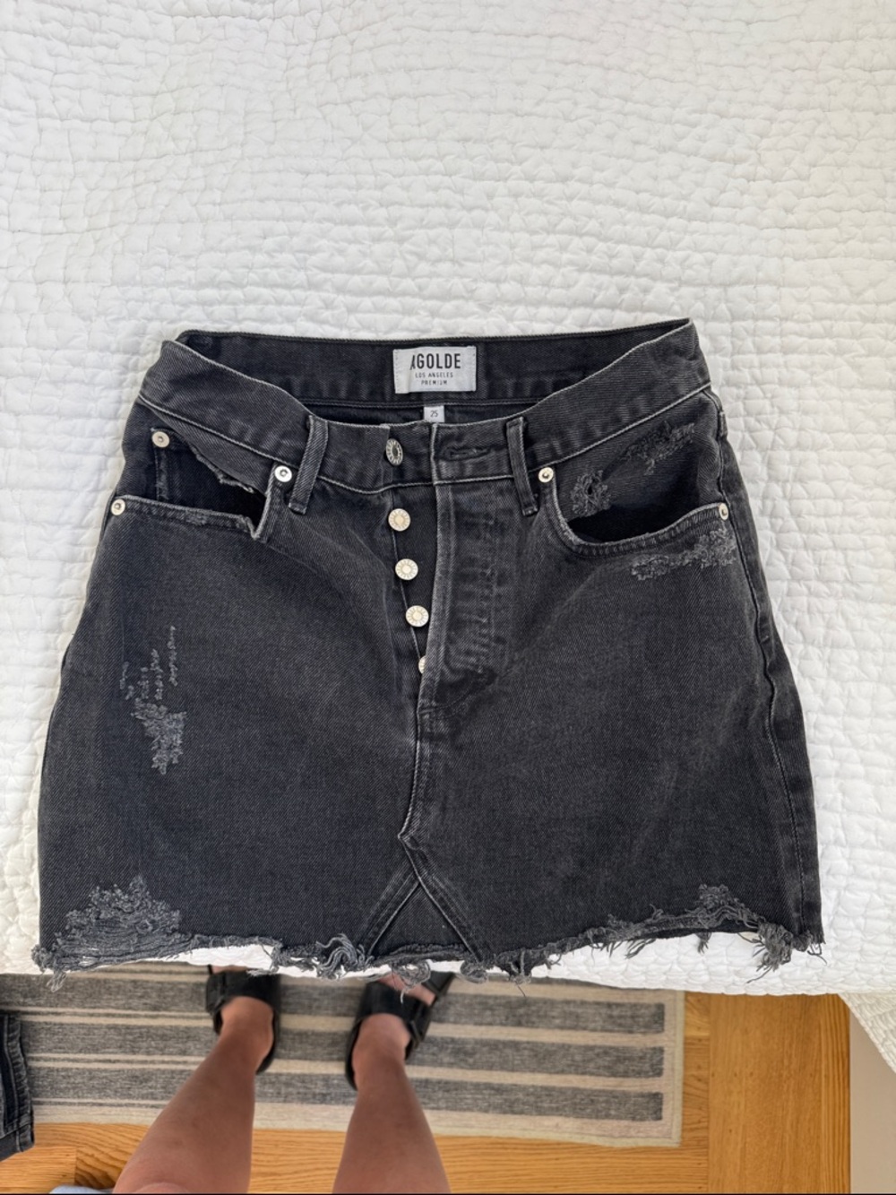 Agolde Washed Black Distressed Denim Mini Skirt